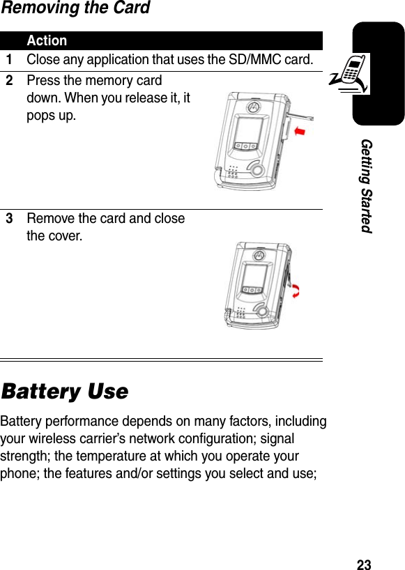 23Getting StartedRemoving the CardBattery UseBattery performance depends on many factors, including your wireless carrier’s network configuration; signal strength; the temperature at which you operate your phone; the features and/or settings you select and use; Action1Close any application that uses the SD/MMC card. 2Press the memory card down. When you release it, it pops up.3Remove the card and close the cover.