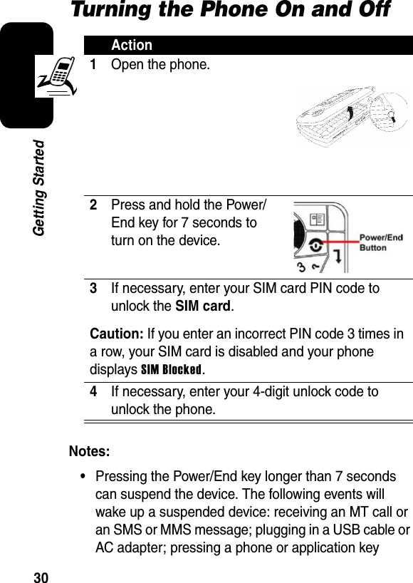 30Getting StartedTurning the Phone On and OffNotes: •Pressing the Power/End key longer than 7 seconds can suspend the device. The following events will wake up a suspended device: receiving an MT call or an SMS or MMS message; plugging in a USB cable or AC adapter; pressing a phone or application key Action1Open the phone.2Press and hold the Power/End key for 7 seconds to turn on the device.3If necessary, enter your SIM card PIN code to unlock the SIM card.Caution:If you enter an incorrect PIN code 3 times in a row, your SIM card is disabled and your phone displays SIM Blocked.4If necessary, enter your 4-digit unlock code to unlock the phone.