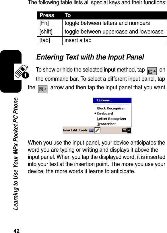 42Learning to Use Your MPx Pocket PC PhoneThe following table lists all special keys and their functions:Entering Text with the Input PanelTo show or hide the selected input method, tap   on the command bar. To select a different input panel, tap the   arrow and then tap the input panel that you want.When you use the input panel, your device anticipates the word you are typing or writing and displays it above the input panel. When you tap the displayed word, it is inserted into your text at the insertion point. The more you use your device, the more words it learns to anticipate.Press To[Fn] toggle between letters and numbers[shift] toggle between uppercase and lowercase[tab] insert a tab