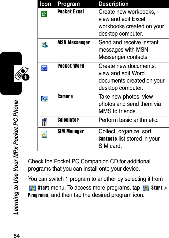 54Learning to Use Your MPx Pocket PC PhoneCheck the Pocket PC Companion CD for additional programs that you can install onto your device.You can switch 1 program to another by selecting it from Startmenu. To access more programs, tap   Start&gt;Programs, and then tap the desired program icon.Pocket ExcelCreate new workbooks, view and edit Excel workbooks created on your desktop computer.MSN MessengerSend and receive instant messages with MSN Messenger contacts.Pocket WordCreate new documents, view and edit Word documents created on your desktop computer.CameraTake new photos, view photos and send them via MMS to friends.CalculatorPerform basic arithmetic.SIM ManagerCollect, organize, sort Contacts list stored in your SIM card.Icon Program Description