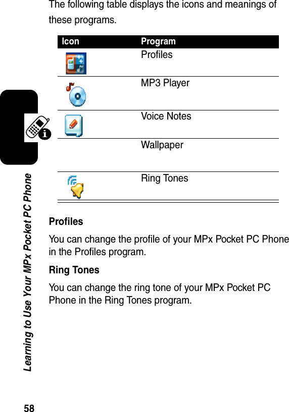 58Learning to Use Your MPx Pocket PC PhoneThe following table displays the icons and meanings of these programs.ProfilesYou can change the profile of your MPx Pocket PC Phone in the Profiles program.Ring TonesYou can change the ring tone of your MPx Pocket PC Phone in the Ring Tones program.Icon ProgramProfilesMP3 PlayerVoice NotesWallpaperRing Tones