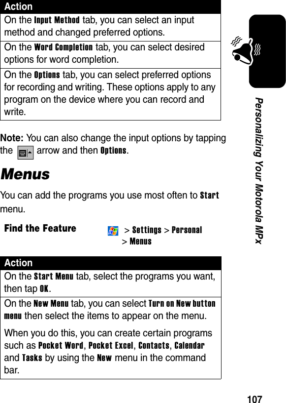 107Personalizing Your Motorola MPxNote: You can also change the input options by tapping the   arrow and then Options.MenusYou can add the programs you use most often to Start menu.ActionOn the Input Method tab, you can select an input method and changed preferred options.On the Word Completion tab, you can select desired options for word completion.On the Options tab, you can select preferred options for recording and writing. These options apply to any program on the device where you can record and write.Find the Feature &gt; Settings &gt; Personal &gt;MenusActionOn the Start Menu tab, select the programs you want, then tap OK.On the New Menu tab, you can select Turn on New button menu then select the items to appear on the menu.When you do this, you can create certain programs such as Pocket Word, Pocket Excel, Contacts, Calendar and Tasks by using the New menu in the command bar.