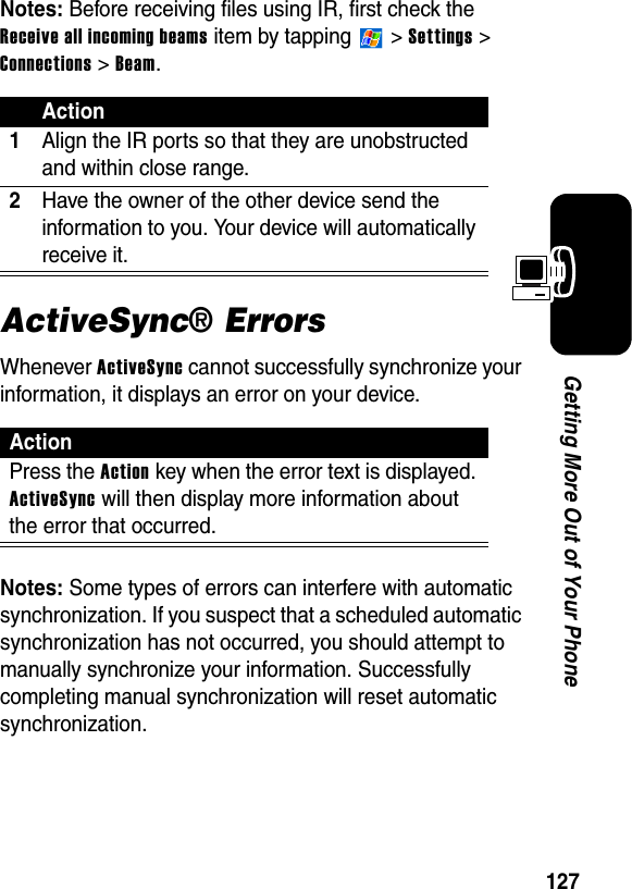 127Getting More Out of Your PhoneNotes: Before receiving files using IR, first check the Receive all incoming beams item by tapping   &gt; Settings &gt; Connections &gt; Beam.ActiveSync® ErrorsWhenever ActiveSync cannot successfully synchronize your information, it displays an error on your device.Notes: Some types of errors can interfere with automatic synchronization. If you suspect that a scheduled automatic synchronization has not occurred, you should attempt to manually synchronize your information. Successfully completing manual synchronization will reset automatic synchronization.Action1Align the IR ports so that they are unobstructed and within close range.2Have the owner of the other device send the information to you. Your device will automatically receive it.ActionPress the Action key when the error text is displayed. ActiveSync will then display more information about the error that occurred.