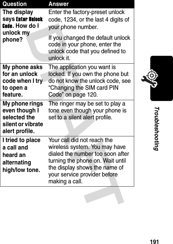 DRAFT 191TroubleshootingThe display says Enter Unlock Code. How do I unlock my phone?Enter the factory-preset unlock code, 1234, or the last 4 digits of your phone number.If you changed the default unlock code in your phone, enter the unlock code that you defined to unlock it.My phone asks for an unlock code when I try to open a feature.The application you want is locked. If you own the phone but do not know the unlock code, see “Changing the SIM card PIN Code” on page 120.My phone rings even though I selected the silent or vibrate alert profile.The ringer may be set to play a tone even though your phone is set to a silent alert profile.I tried to place a call and heard an alternating high/low tone.Your call did not reach the wireless system. You may have dialed the number too soon after turning the phone on. Wait until the display shows the name of your service provider before making a call.Question Answer