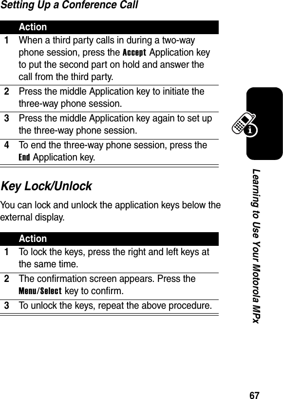 67Learning to Use Your Motorola MPxSetting Up a Conference CallKey Lock/UnlockYou can lock and unlock the application keys below the external display.Action1When a third party calls in during a two-way phone session, press the Accept Application key to put the second part on hold and answer the call from the third party.2Press the middle Application key to initiate the three-way phone session.3Press the middle Application key again to set up the three-way phone session.4To end the three-way phone session, press the End Application key.Action1To lock the keys, press the right and left keys at the same time.2The confirmation screen appears. Press the Menu/Select key to confirm.3To unlock the keys, repeat the above procedure.