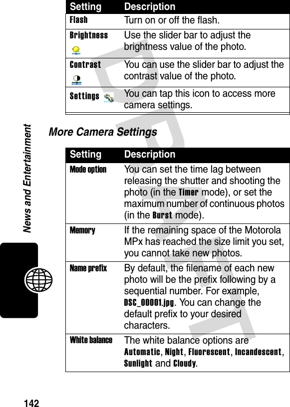 DRAFT 142News and EntertainmentMore Camera SettingsFlashTurn on or off the flash.Brightness  Use the slider bar to adjust the brightness value of the photo.Contrast  You can use the slider bar to adjust the contrast value of the photo.Settings You can tap this icon to access more camera settings.Setting DescriptionMode optionYou can set the time lag between releasing the shutter and shooting the photo (in the Timer mode), or set the maximum number of continuous photos (in the Burst mode).MemoryIf the remaining space of the Motorola MPx has reached the size limit you set, you cannot take new photos.Name prefixBy default, the filename of each new photo will be the prefix following by a sequential number. For example, DSC_00001.jpg. You can change the default prefix to your desired characters.White balanceThe white balance options are Automatic, Night, Fluorescent, Incandescent, Sunlight and Cloudy.Setting Description