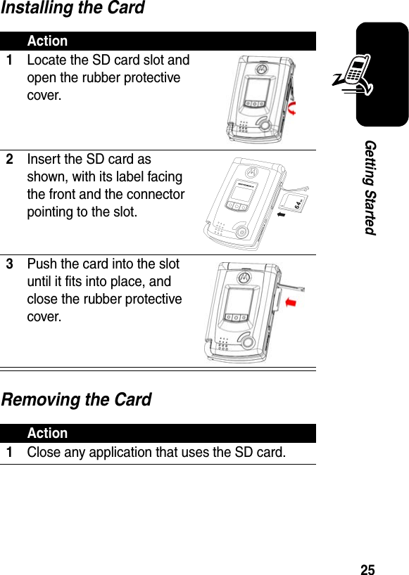 25Getting StartedInstalling the CardRemoving the CardAction1Locate the SD card slot and open the rubber protective cover.2Insert the SD card as shown, with its label facing the front and the connector pointing to the slot.3Push the card into the slot until it fits into place, and close the rubber protective cover.Action1Close any application that uses the SD card. 