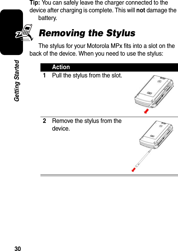 30Getting StartedTip: You can safely leave the charger connected to the device after charging is complete. This will not damage the battery.Removing the StylusThe stylus for your Motorola MPx fits into a slot on the back of the device. When you need to use the stylus:Action1Pull the stylus from the slot.2Remove the stylus from the device.