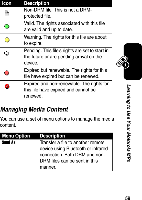 59Learning to Use Your Motorola MPxManaging Media ContentYou can use a set of menu options to manage the media content.Icon DescriptionNon-DRM file. This is not a DRM-protected file.Valid. The rights associated with this file are valid and up to date.Warning. The rights for this file are about to expire.Pending. This file’s rights are set to start in the future or are pending arrival on the device.Expired but renewable. The rights for this file have expired but can be renewed.Expired and non-renewable. The rights for this file have expired and cannot be renewed.Menu Option DescriptionSend AsTransfer a file to another remote device using Bluetooth or infrared connection. Both DRM and non-DRM files can be sent in this manner.