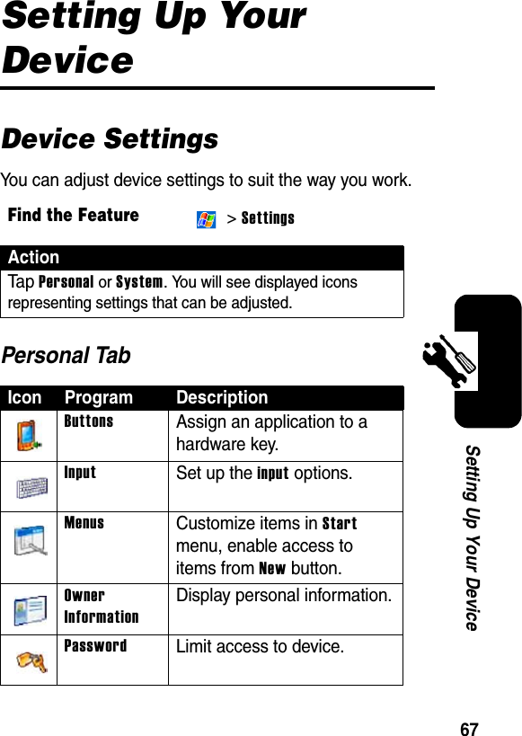 67Setting Up Your DeviceSetting Up Your DeviceDevice SettingsYou can adjust device settings to suit the way you work.Personal TabFind the Feature &gt; SettingsActionTa p Personal or System. You will see displayed icons representing settings that can be adjusted.Icon Program DescriptionButtonsAssign an application to a hardware key.InputSet up the input options.MenusCustomize items in Start menu, enable access to items from New button.Owner InformationDisplay personal information.PasswordLimit access to device.