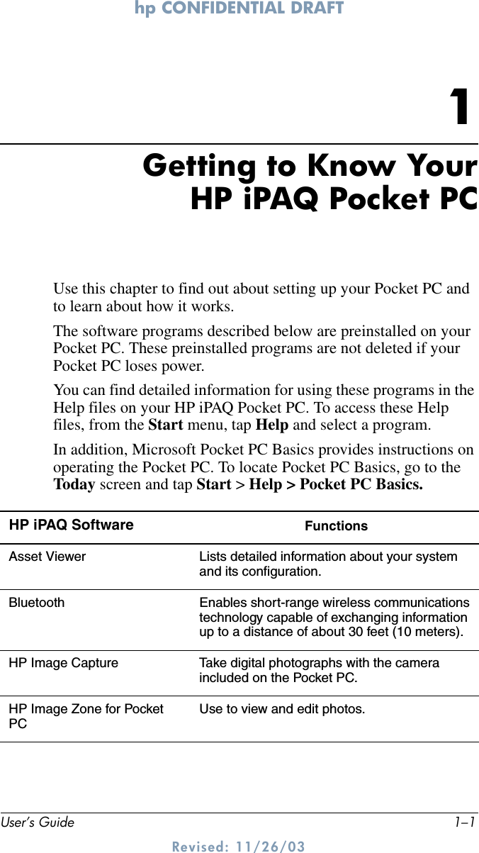 hp CONFIDENTIAL DRAFT User’s Guide 1–1Revised: 11/26/031Getting to Know YourHP iPAQ Pocket PCUse this chapter to find out about setting up your Pocket PC and to learn about how it works.The software programs described below are preinstalled on your Pocket PC. These preinstalled programs are not deleted if your Pocket PC loses power.You can find detailed information for using these programs in the Help files on your HP iPAQ Pocket PC. To access these Help files, from the Start menu, tap Help and select a program.In addition, Microsoft Pocket PC Basics provides instructions on operating the Pocket PC. To locate Pocket PC Basics, go to the Today screen and tap Start &gt; Help &gt; Pocket PC Basics.HP iPAQ Software FunctionsAsset Viewer Lists detailed information about your system and its configuration.Bluetooth Enables short-range wireless communications technology capable of exchanging information up to a distance of about 30 feet (10 meters).HP Image Capture Take digital photographs with the camera included on the Pocket PC.HP Image Zone for Pocket PCUse to view and edit photos.