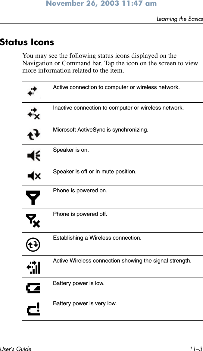 Learning the BasicsUser’s Guide 11–3November 26, 2003 11:47 amStatus IconsYou may see the following status icons displayed on the Navigation or Command bar. Tap the icon on the screen to view more information related to the item.Active connection to computer or wireless network.Inactive connection to computer or wireless network. Microsoft ActiveSync is synchronizing.Speaker is on.Speaker is off or in mute position.Phone is powered on.Phone is powered off.Establishing a Wireless connection.Active Wireless connection showing the signal strength.Battery power is low.Battery power is very low.