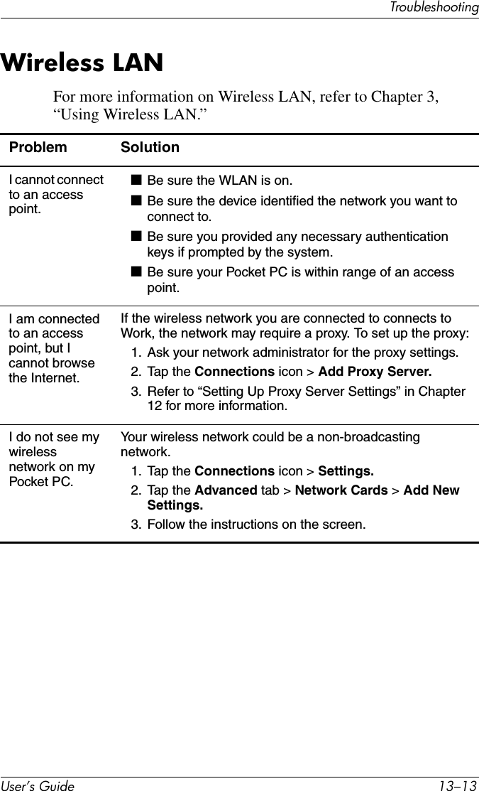 TroubleshootingUser’s Guide 13–13Wireless LANFor more information on Wireless LAN, refer to Chapter 3, “Using Wireless LAN.”Problem SolutionI cannot connect to an access point.■Be sure the WLAN is on.■Be sure the device identified the network you want to connect to.■Be sure you provided any necessary authentication keys if prompted by the system.■Be sure your Pocket PC is within range of an access point.I am connected to an access point, but I cannot browse the Internet.If the wireless network you are connected to connects to Work, the network may require a proxy. To set up the proxy:1. Ask your network administrator for the proxy settings.2. Tap the Connections icon &gt; Add Proxy Server.3. Refer to “Setting Up Proxy Server Settings” in Chapter 12 for more information.I do not see my wireless network on my Pocket PC.Your wireless network could be a non-broadcasting network.1. Tap the Connections icon &gt; Settings.2. Tap the Advanced tab &gt; Network Cards &gt; Add New Settings.3. Follow the instructions on the screen.