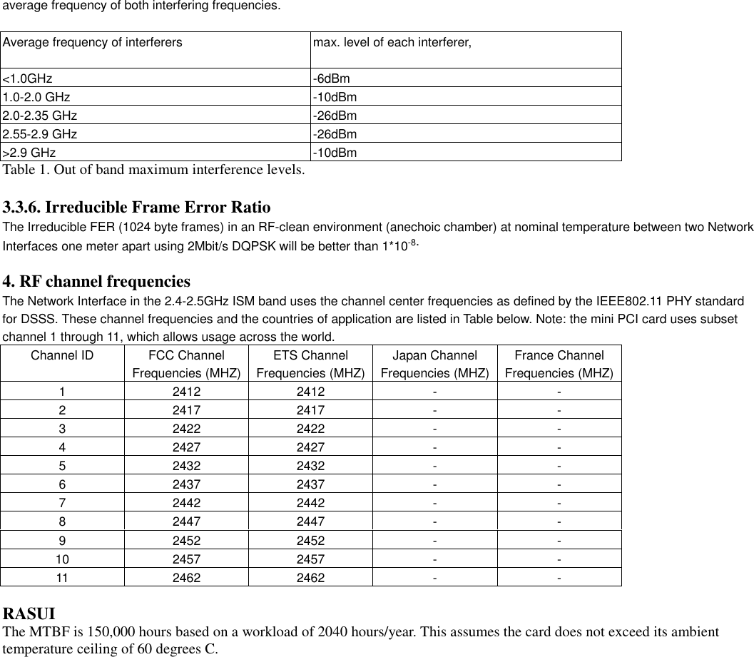 average frequency of both interfering frequencies.Average frequency of interferers max. level of each interferer,&lt;1.0GHz -6dBm1.0-2.0 GHz -10dBm2.0-2.35 GHz -26dBm2.55-2.9 GHz -26dBm&gt;2.9 GHz -10dBmTable 1. Out of band maximum interference levels.3.3.6. Irreducible Frame Error RatioThe Irreducible FER (1024 byte frames) in an RF-clean environment (anechoic chamber) at nominal temperature between two NetworkInterfaces one meter apart using 2Mbit/s DQPSK will be better than 1*10-8.4. RF channel frequenciesThe Network Interface in the 2.4-2.5GHz ISM band uses the channel center frequencies as defined by the IEEE802.11 PHY standardfor DSSS. These channel frequencies and the countries of application are listed in Table below. Note: the mini PCI card uses subsetchannel 1 through 11, which allows usage across the world.Channel ID FCC ChannelFrequencies (MHZ)ETS ChannelFrequencies (MHZ)Japan ChannelFrequencies (MHZ)France ChannelFrequencies (MHZ)1 2412 2412 - -2 2417 2417 - -3 2422 2422 - -4 2427 2427 - -5 2432 2432 - -6 2437 2437 - -7 2442 2442 - -8 2447 2447 - -9 2452 2452 - -10 2457 2457 - -11 2462 2462 - -RASUIThe MTBF is 150,000 hours based on a workload of 2040 hours/year. This assumes the card does not exceed its ambienttemperature ceiling of 60 degrees C.