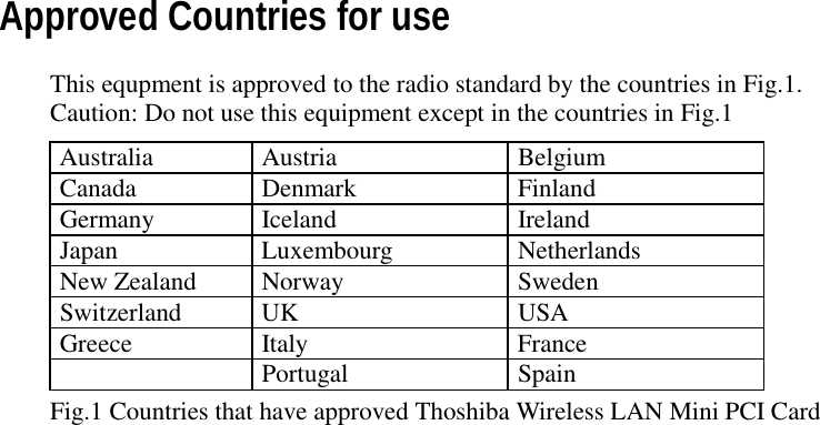 Approved Countries for useThis equpment is approved to the radio standard by the countries in Fig.1.Caution: Do not use this equipment except in the countries in Fig.1Australia Austria BelgiumCanada Denmark FinlandGermany Iceland IrelandJapan Luxembourg NetherlandsNew Zealand Norway SwedenSwitzerland UK USAGreece Italy FrancePortugal SpainFig.1 Countries that have approved Thoshiba Wireless LAN Mini PCI Card