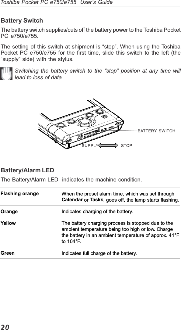 20Toshiba Pocket PC e750/e755  User’s GuideBATTERY SWITCHSUPPLY STOPBattery SwitchThe battery switch supplies/cuts off the battery power to the Toshiba PocketPC e750/e755.The setting of this switch at shipment is “stop”. When using the ToshibaPocket PC e750/e755 for the first time, slide this switch to the left (the“supply” side) with the stylus.Switching the battery switch to the “stop” position at any time willlead to loss of data.Flashing orange  When the preset alarm time, which was set through Calendar or Tasks, goes off, the lamp starts flashing. Orange  Indicates charging of the battery.  Yellow   The battery charging process is stopped due to the ambient temperature being too high or low. Charge the battery in an ambient temperature of approx. 41°F to 104°F. Green  Indicates full charge of the battery. Battery/Alarm LEDThe Battery/Alarm LED  indicates the machine condition.