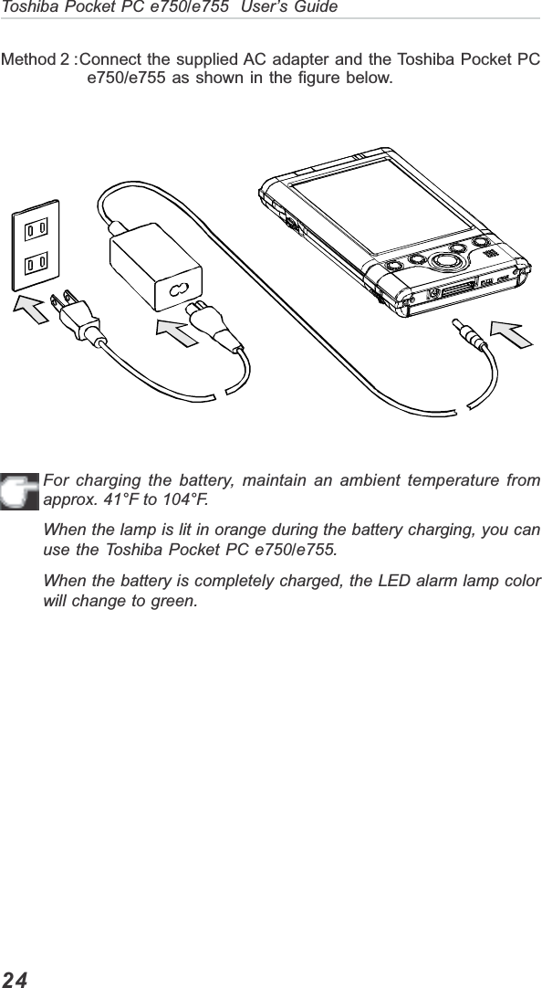 24Toshiba Pocket PC e750/e755  User’s GuideMethod 2 :Connect the supplied AC adapter and the Toshiba Pocket PCe750/e755 as shown in the figure below.For charging the battery, maintain an ambient temperature fromapprox. 41°F to 104°F.When the lamp is lit in orange during the battery charging, you canuse the Toshiba Pocket PC e750/e755.When the battery is completely charged, the LED alarm lamp colorwill change to green.