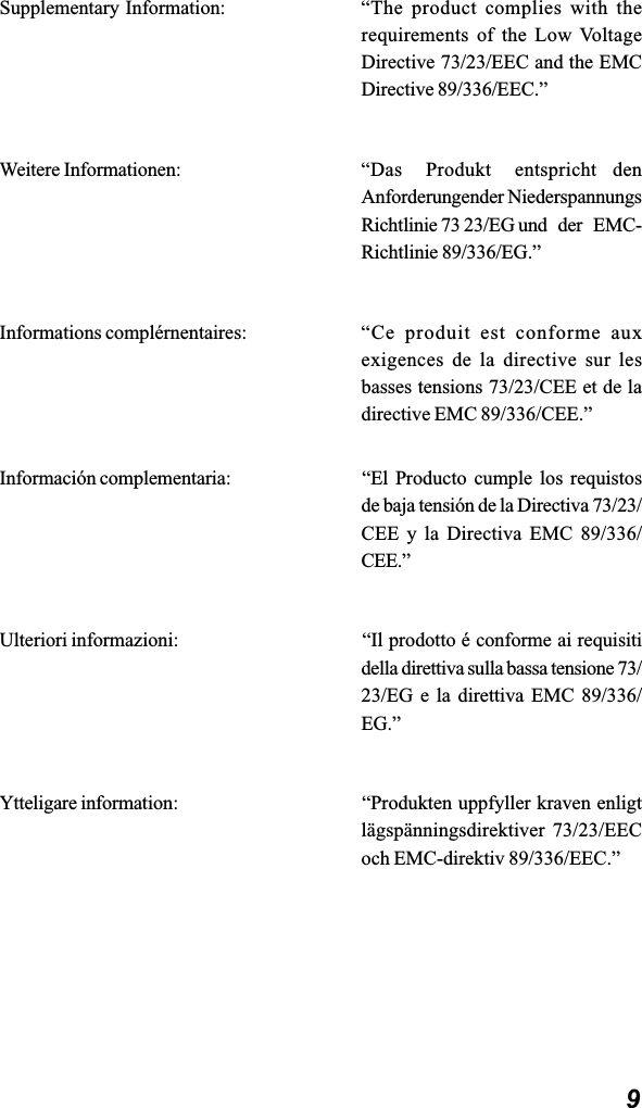 9Supplementary Information: “The product complies with therequirements of the Low VoltageDirective 73/23/EEC and the EMCDirective 89/336/EEC.”Weitere Informationen: “Das   Produkt   entspricht  denAnforderungender NiederspannungsRichtlinie 73 23/EG und   der   EMC-Richtlinie 89/336/EG.”Informations complérnentaires: “Ce  produit est conforme auxexigences de la directive sur lesbasses tensions 73/23/CEE et de ladirective EMC 89/336/CEE.”Información complementaria: “El  Producto cumple los requistosde baja tensión de la Directiva 73/23/CEE y la Directiva EMC 89/336/CEE.”Ulteriori informazioni: “Il prodotto é conforme ai requisitidella direttiva sulla bassa tensione 73/23/EG e la direttiva EMC 89/336/EG.”Ytteligare information: “Produkten uppfyller kraven enligtlägspänningsdirektiver 73/23/EECoch EMC-direktiv 89/336/EEC.”