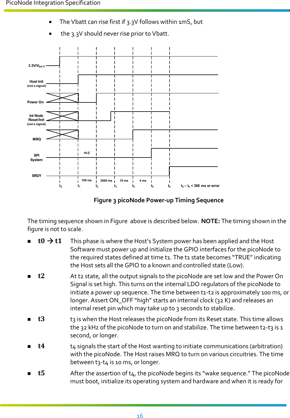 PicoNode Integration Specification     16   • The Vbatt can rise first if 3.3V follows within 1mS, but •  the 3.3V should never rise prior to Vbatt.  t0t1t2t3t4t5t63000 ms 10 ms 4 mst6– t4&lt; 300 ms or errorSRDYSPI SystemMRQInt Node Reset/Init(not a signal)Power OnHost Init(not a signal)3.3V/VBATTHi-Z100 ms Figure 3 picoNode Power-up Timing Sequence  The timing sequence shown in Figure  above is described below. NOTE: The timing shown in the figure is not to scale.  t0  t1 This phase is where the Host’s System power has been applied and the Host Software must power up and initialize the GPIO interfaces for the picoNode to the required states defined at time t1. The t1 state becomes “TRUE” indicating the Host sets all the GPIO to a known and controlled state (Low).   t2 At t2 state, all the output signals to the picoNode are set low and the Power On Signal is set high. This turns on the internal LDO regulators of the picoNode to initiate a power up sequence. The time between t1-t2 is approximately 100 ms, or longer. Assert ON_OFF “high” starts an internal clock (32 K) and releases an internal reset pin which may take up to 3 seconds to stabilize.  t3 t3 is when the Host releases the picoNode from its Reset state. This time allows the 32 kHz of the picoNode to turn on and stabilize. The time between t2-t3 is 1 second, or longer.  t4 t4 signals the start of the Host wanting to initiate communications (arbitration) with the picoNode. The Host raises MRQ to turn on various circuitries. The time between t3-t4 is 10 ms, or longer.  t5 After the assertion of t4, the picoNode begins its “wake sequence.” The picoNode must boot, initialize its operating system and hardware and when it is ready for 