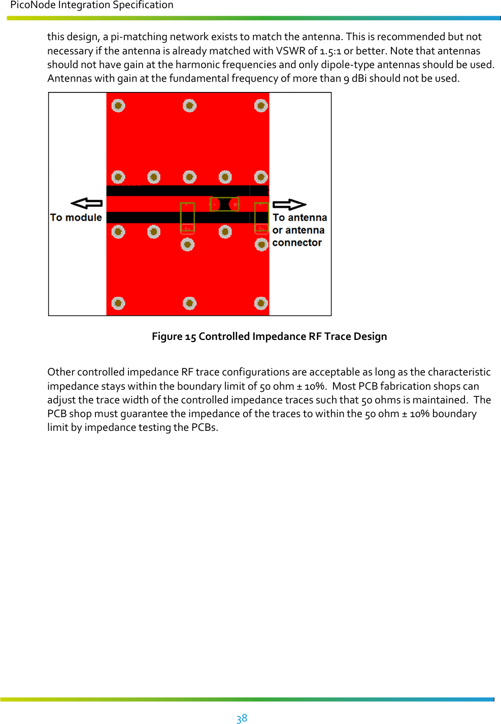 PicoNode Integration Specification     38   this design, a pi-matching network exists to match the antenna. This is recommended but not necessary if the antenna is already matched with VSWR of 1.5:1 or better. Note that antennas should not have gain at the harmonic frequencies and only dipole-type antennas should be used. Antennas with gain at the fundamental frequency of more than 9 dBi should not be used.  Figure 15 Controlled Impedance RF Trace Design  Other controlled impedance RF trace configurations are acceptable as long as the characteristic impedance stays within the boundary limit of 50 ohm ± 10%.  Most PCB fabrication shops can adjust the trace width of the controlled impedance traces such that 50 ohms is maintained.  The PCB shop must guarantee the impedance of the traces to within the 50 ohm ± 10% boundary limit by impedance testing the PCBs.  