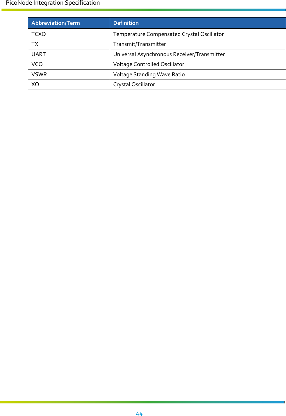 PicoNode Integration Specification     44   Abbreviation/Term  Definition TCXO  Temperature Compensated Crystal Oscillator TX  Transmit/Transmitter UART  Universal Asynchronous Receiver/Transmitter VCO  Voltage Controlled Oscillator VSWR  Voltage Standing Wave Ratio XO  Crystal Oscillator   