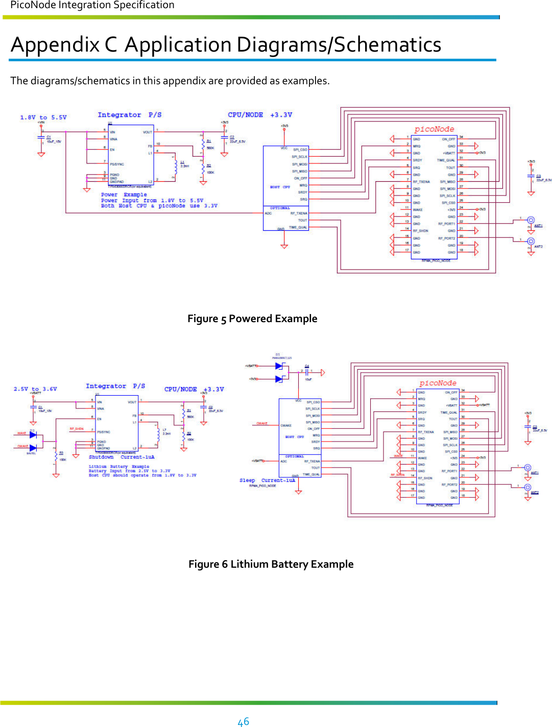 PicoNode Integration Specification     46   Appendix C Application Diagrams/Schematics  The diagrams/schematics in this appendix are provided as examples.   Figure 5 Powered Example    Figure 6 Lithium Battery Example   