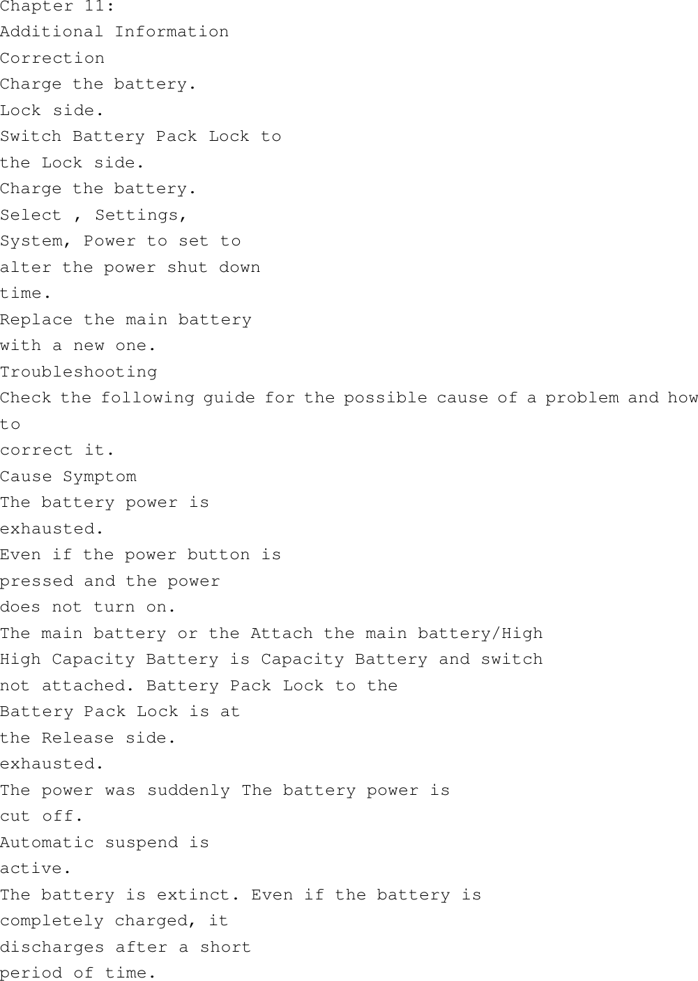 Chapter 11:Additional InformationCorrectionCharge the battery.Lock side.Switch Battery Pack Lock tothe Lock side.Charge the battery.Select , Settings,System, Power to set toalter the power shut downtime.Replace the main batterywith a new one.TroubleshootingCheck the following guide for the possible cause of a problem and howtocorrect it.Cause SymptomThe battery power isexhausted.Even if the power button ispressed and the powerdoes not turn on.The main battery or the Attach the main battery/HighHigh Capacity Battery is Capacity Battery and switchnot attached. Battery Pack Lock to theBattery Pack Lock is atthe Release side.exhausted.The power was suddenly The battery power iscut off.Automatic suspend isactive.The battery is extinct. Even if the battery iscompletely charged, itdischarges after a shortperiod of time.