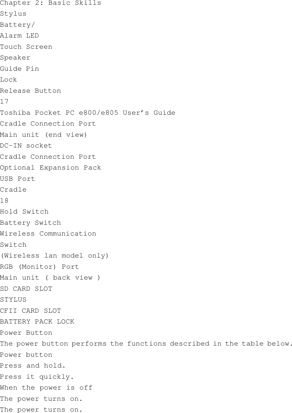 Chapter 2: Basic SkillsStylusBattery/Alarm LEDTouch ScreenSpeakerGuide PinLockRelease Button17Toshiba Pocket PC e800/e805 User’s GuideCradle Connection PortMain unit (end view)DC-IN socketCradle Connection PortOptional Expansion PackUSB PortCradle18Hold SwitchBattery SwitchWireless CommunicationSwitch(Wireless lan model only)RGB (Monitor) PortMain unit ( back view )SD CARD SLOTSTYLUSCFII CARD SLOTBATTERY PACK LOCKPower ButtonThe power button performs the functions described in the table below.Power buttonPress and hold.Press it quickly.When the power is offThe power turns on.The power turns on.