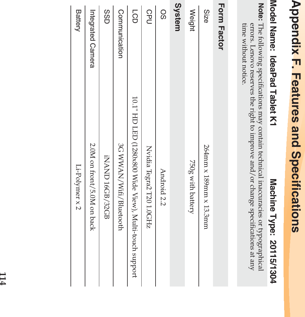 114Appendix F. Features and SpecificationsModel Name: IdeaPad Tablet K1 Machine Type: 20115/1304Note:The following specifications may contain technical inaccuracies or typographical errors. Lenovo reserves the right to improve and/or change specifications at any time without notice. Form FactorSize 264mm x 189mm x 13.3mmWeight 750g with batterySystemOS Android 2.2CPU Nvidia Tegra2 T20 1.0GHzLCD 10.1&quot; HD LED (1280x800 Wide View), Multi-touch supportCommunication 3G WWAN/Wifi/BluetoothSSD iNAND 16GB/32GBIntegrated Camera 2.0M on front/5.0M on backBattery Li-Polymer x 2