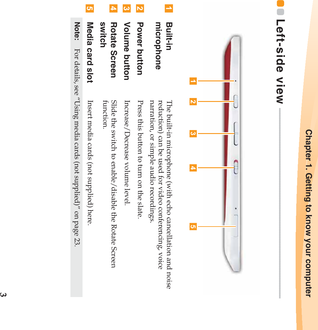 Chapter 1. Getting to know your computer3Left-side view  - - - - - - - - - - - - - - - - - - - - - - - - - - - - - - - - - - - - - - - - - - - - - - - - - - - - - - - - - - - - - - - - - - - - - - - - - - - - - -Built-in microphoneThe built-in microphone (with echo cancellation and noise reduction) can be used for video conferencing, voice narration, or simple audio recordings.Power button Press this button to turn on the slate.Volume button Increase/Decrease volume level.Rotate Screen switchSlide the switch to enable/disable the Rotate Screen function.Media card slot Insert media cards (not supplied) here.Note:   For details, see “Using media cards (not supplied)” on page 23.1 2 3 4 5