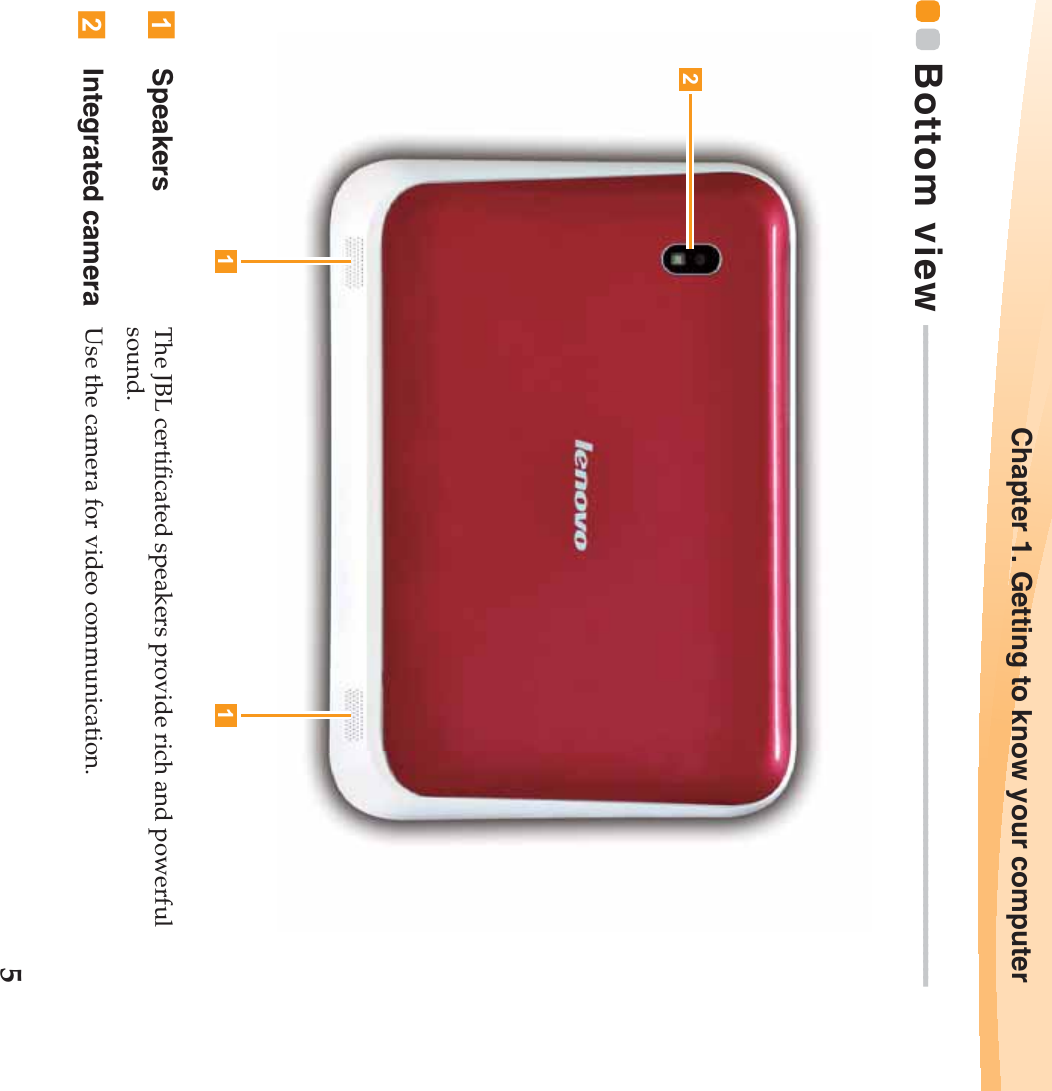 Chapter 1. Getting to know your computer5Bottom view  - - - - - - - - - - - - - - - - - - - - - - - - - - - - - - - - - - - - - - - - - - - - - - - - - - - - - - - - - - - - - - - - - - - - - - - - - - - - - - - - - -Speakers The JBL certificated speakers provide rich and powerful sound.Integrated camera Use the camera for video communication.121
