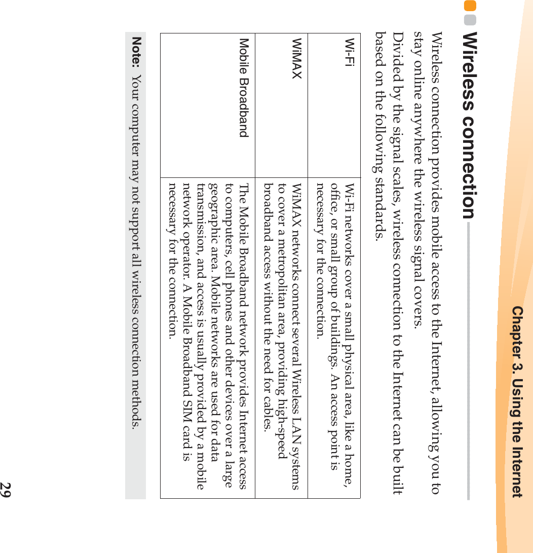 Chapter 3. Using the Internet29Wireless connection  - - - - - - - - - - - - - - - - - - - - - - - - - - - - - - - - - - - - - - - - - - - - - - - - - - - - - - - - - - - - - - - - - - - -Wireless connection provides mobile access to the Internet, allowing you to stay online anywhere the wireless signal covers.Divided by the signal scales, wireless connection to the Internet can be built based on the following standards. Wi-Fi Wi-Fi networks cover a small physical area, like a home, office, or small group of buildings. An access point is necessary for the connection.WiMAX  WiMAX networks connect several Wireless LAN systems to cover a metropolitan area, providing high-speed broadband access without the need for cables.Mobile Broadband The Mobile Broadband network provides Internet access to computers, cell phones and other devices over a large geographic area. Mobile networks are used for data transmission, and access is usually provided by a mobile network operator. A Mobile Broadband SIM card is necessary for the connection.Note:  Your computer may not support all wireless connection methods.