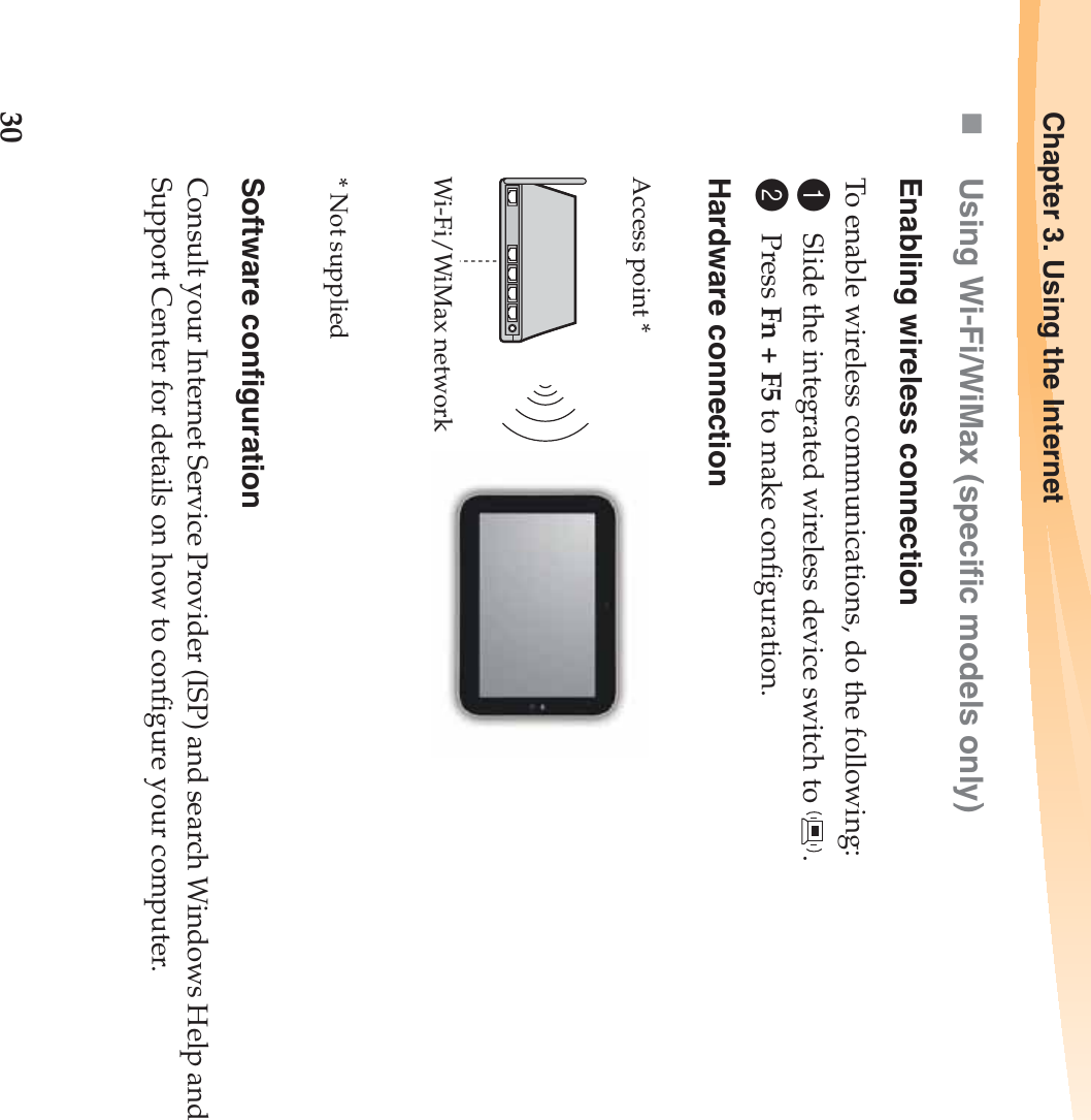 30Chapter 3. Using the InternetUsing Wi-Fi/WiMax (specific models only)Enabling wireless connectionTo enable wireless communications, do the following:1Slide the integrated wireless device switch to  .2Press Fn + F5 to make configuration.Hardware connectionSoftware configurationConsult your Internet Service Provider (ISP) and search Windows Help and Support Center for details on how to configure your computer.Access point *Wi-Fi/WiMax network* Not supplied