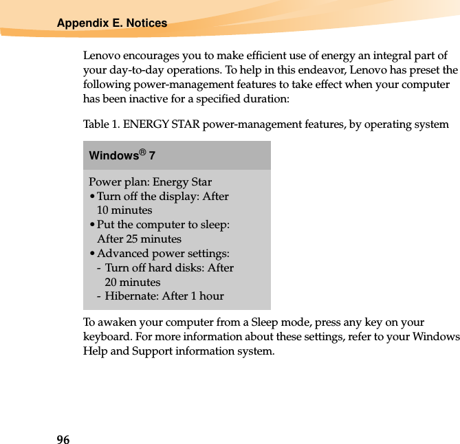 96Appendix E. NoticesLenovo encourages you to make efficient use of energy an integral part of your day-to-day operations. To help in this endeavor, Lenovo has preset the following power-management features to take effect when your computer has been inactive for a specified duration:To awaken your computer from a Sleep mode, press any key on your keyboard. For more information about these settings, refer to your Windows Help and Support information system.Table 1. ENERGY STAR power-management features, by operating systemWindows® 7Power plan: Energy Star•Turn off the display: After 10 minutes•Put the computer to sleep: After 25 minutes•Advanced power settings:-Turn off hard disks: After 20 minutes- Hibernate: After 1 hour