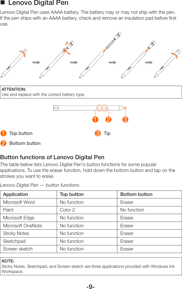 -9- Lenovo Digital PenLenovo Digital Pen uses AAAA battery. The battery may or may not ship with the pen. If the pen ships with an AAAA battery, check and remove an insulation pad before ﬁrst use. ATTENTION: Use and replace with the correct battery type.  Top button  Bottom button TipButton functions of Lenovo Digital PenThe table below lists Lenovo Digital Pen&apos;s button functions for some popular applications. To use the eraser function, hold down the bottom button and tap on the strokes you want to erase.Lenovo Digital Pen — button functionsApplication Top button Bottom buttonMicrosoft Word No function EraserPaint Color 2 No functionMicrosoft Edge No function EraserMicrosoft OneNote No function EraserSticky Notes No function EraserSketchpad No function EraserScreen sketch No function EraserNOTE: Sticky Notes, Sketchpad, and Screen sketch are three applications provided with Windows Ink Workspace.