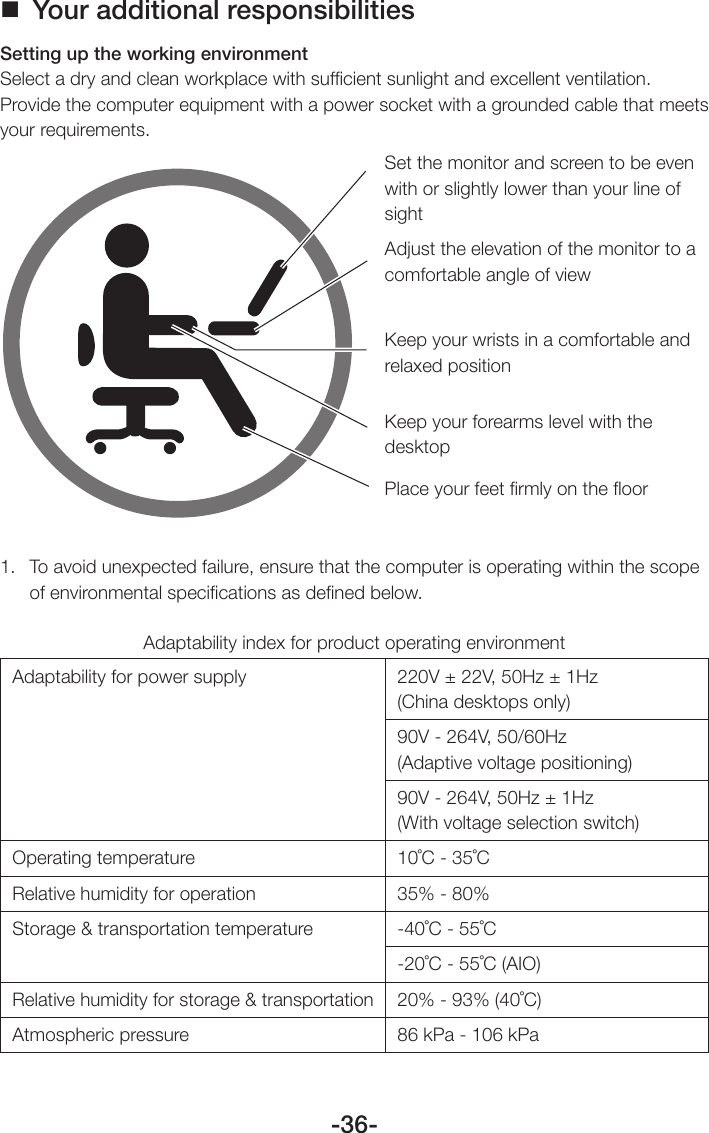 -36- Your additional responsibilitiesSetting up the working environmentSelect a dry and clean workplace with sufﬁcient sunlight and excellent ventilation. Provide the computer equipment with a power socket with a grounded cable that meets your requirements.Set the monitor and screen to be even with or slightly lower than your line of sightAdjust the elevation of the monitor to a comfortable angle of viewKeep your wrists in a comfortable and relaxed positionKeep your forearms level with the desktopPlace your feet ﬁrmly on the ﬂoor1.  To avoid unexpected failure, ensure that the computer is operating within the scope of environmental speciﬁcations as deﬁned below.Adaptability index for product operating environmentAdaptability for power supply 220V ± 22V, 50Hz ± 1Hz  (China desktops only)90V - 264V, 50/60Hz  (Adaptive voltage positioning)90V - 264V, 50Hz ± 1Hz  (With voltage selection switch)Operating temperature 10˚C - 35˚CRelative humidity for operation 35% - 80%Storage &amp; transportation temperature -40˚C - 55˚C-20˚C - 55˚C (AIO)Relative humidity for storage &amp; transportation 20% - 93% (40˚C)Atmospheric pressure 86 kPa - 106 kPa