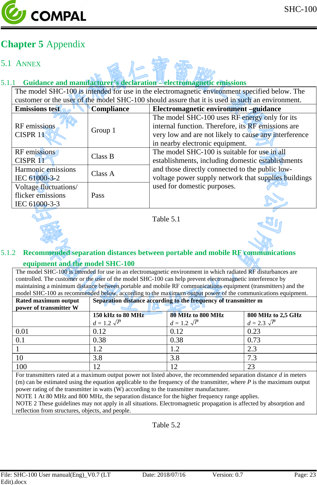  SHC-100   File: SHC-100 User manual(Eng)_V0.7 (LT Edit).docx Date: 2018/07/16 Version: 0.7 Page: 23  Chapter 5 Appendix 5.1 ANNEX 5.1.1 Guidance and manufacturer’s declaration – electromagnetic emissions The model SHC-100 is intended for use in the electromagnetic environment specified below. The customer or the user of the model SHC-100 should assure that it is used in such an environment. Emissions test Compliance Electromagnetic environment –guidance RF emissions CISPR 11 Group 1 The model SHC-100 uses RF energy only for its internal function. Therefore, its RF emissions are very low and are not likely to cause any interference in nearby electronic equipment. RF emissions CISPR 11 Class B The model SHC-100 is suitable for use in all establishments, including domestic establishments and those directly connected to the public low-voltage power supply network that supplies buildings used for domestic purposes. Harmonic emissions IEC 61000-3-2 Class A Voltage fluctuations/  flicker emissions IEC 61000-3-3 Pass Table 5.1  5.1.2 Recommended separation distances between portable and mobile RF communications equipment and the model SHC-100 The model SHC-100 is intended for use in an electromagnetic environment in which radiated RF disturbances are controlled. The customer or the user of the model SHC-100 can help prevent electromagnetic interference by maintaining a minimum distance between portable and mobile RF communications equipment (transmitters) and the model SHC-100 as recommended below, according to the maximum output power of the communications equipment. Rated maximum output power of transmitter W Separation distance according to the frequency of transmitter m  150 kHz to 80 MHz  d = 1.2   80 MHz to 800 MHz  d = 1.2   800 MHz to 2,5 GHz  d = 2.3   0.01 0.12 0.12 0.23 0.1 0.38 0.38 0.73 1 1.2 1.2 2.3 10 3.8 3.8 7.3 100 12 12 23 For transmitters rated at a maximum output power not listed above, the recommended separation distance d in meters (m) can be estimated using the equation applicable to the frequency of the transmitter, where P is the maximum output power rating of the transmitter in watts (W) according to the transmitter manufacturer.  NOTE 1 At 80 MHz and 800 MHz, the separation distance for the higher frequency range applies. NOTE 2 These guidelines may not apply in all situations. Electromagnetic propagation is affected by absorption and reflection from structures, objects, and people. Table 5.2   