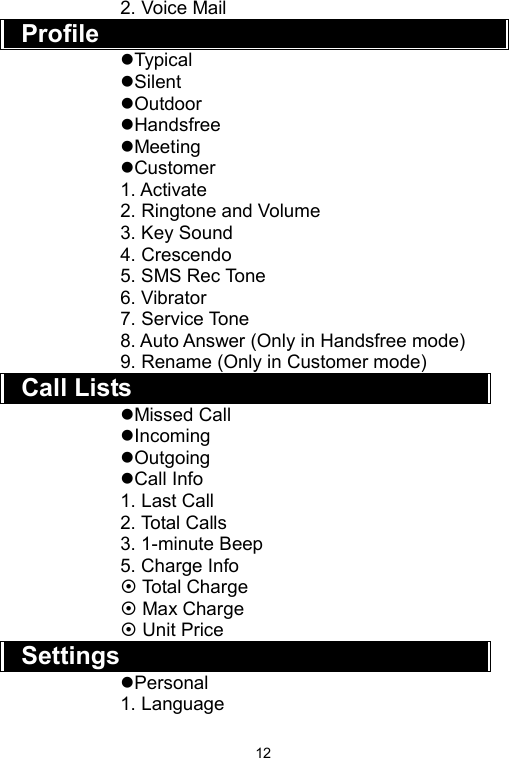   122. Voice Mail Profile zTypical zSilent zOutdoor zHandsfree zMeeting zCustomer 1. Activate 2. Ringtone and Volume 3. Key Sound 4. Crescendo 5. SMS Rec Tone 6. Vibrator 7. Service Tone 8. Auto Answer (Only in Handsfree mode) 9. Rename (Only in Customer mode) Call Lists zMissed Call zIncoming zOutgoing zCall Info 1. Last Call 2. Total Calls 3. 1-minute Beep 5. Charge Info ~ Total Charge ~ Max Charge ~ Unit Price Settings zPersonal 1. Language 