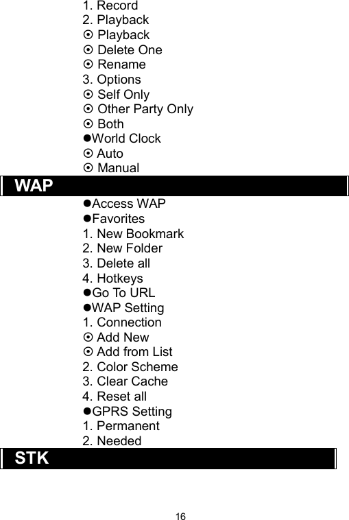   161. Record 2. Playback ~ Playback ~ Delete One ~ Rename 3. Options ~ Self Only ~ Other Party Only ~ Both zWorld Clock ~ Auto ~ Manual WAP zAccess WAP zFavorites 1. New Bookmark 2. New Folder 3. Delete all 4. Hotkeys zGo To URL zWAP Setting 1. Connection ~ Add New ~ Add from List 2. Color Scheme 3. Clear Cache 4. Reset all zGPRS Setting 1. Permanent 2. Needed STK 