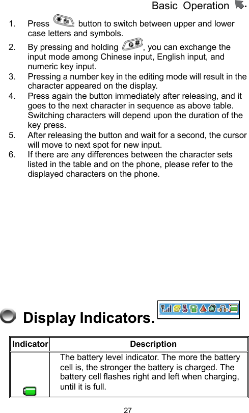 Basic Operation                  271. Press    button to switch between upper and lower case letters and symbols. 2.  By pressing and holding  , you can exchange the input mode among Chinese input, English input, and numeric key input. 3.  Pressing a number key in the editing mode will result in the character appeared on the display.   4.  Press again the button immediately after releasing, and it goes to the next character in sequence as above table. Switching characters will depend upon the duration of the key press. 5.  After releasing the button and wait for a second, the cursor will move to next spot for new input. 6.  If there are any differences between the character sets listed in the table and on the phone, please refer to the displayed characters on the phone.             Display Indicators.     Indicator Description   The battery level indicator. The more the battery cell is, the stronger the battery is charged. The battery cell flashes right and left when charging, until it is full. 