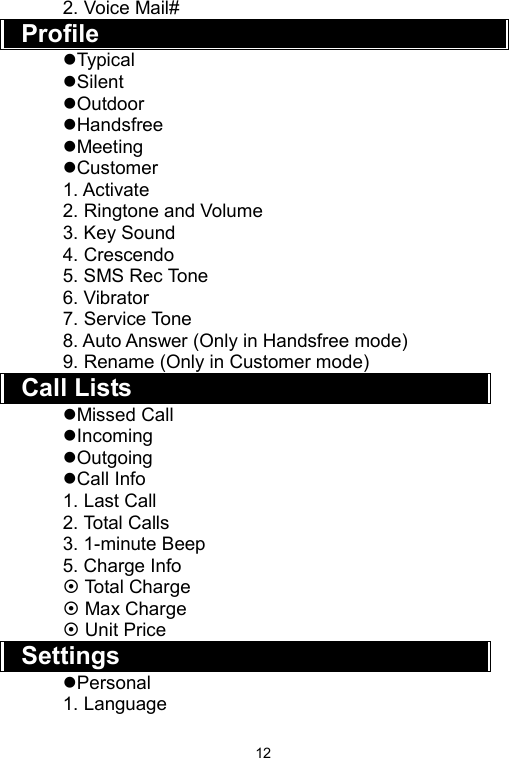   122. Voice Mail# Profile Typical Silent Outdoor Handsfree Meeting Customer 1. Activate 2. Ringtone and Volume 3. Key Sound 4. Crescendo 5. SMS Rec Tone 6. Vibrator 7. Service Tone 8. Auto Answer (Only in Handsfree mode) 9. Rename (Only in Customer mode) Call Lists Missed Call Incoming Outgoing Call Info 1. Last Call 2. Total Calls 3. 1-minute Beep 5. Charge Info  Total Charge  Max Charge  Unit Price Settings Personal 1. Language 