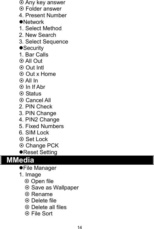   14 Any key answer  Folder answer 4. Present Number Network 1. Select Method 2. New Search 3. Select Sequence Security 1. Bar Calls  All Out  Out Intl  Out x Home  All In  In If Abr  Status  Cancel All 2. PIN Check 3. PIN Change 4. PIN2 Change 5. Fixed Numbers 6. SIM Lock  Set Lock  Change PCK Reset Setting MMedia File Manager 1. Image      Open file  Save as Wallpaper  Rename  Delete file  Delete all files  File Sort 