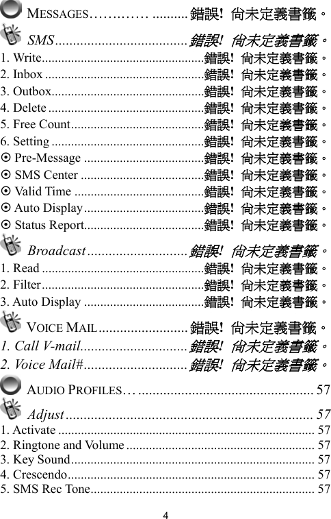   4 MESSAGES…….…… .......... 錯誤!  尚未定義書籤。  SMS.....................................錯誤! 尚未定義書籤。 1. Write..................................................錯誤!  尚未定義書籤。 2. Inbox .................................................錯誤!  尚未定義書籤。 3. Outbox...............................................錯誤!  尚未定義書籤。 4. Delete................................................錯誤!  尚未定義書籤。 5. Free Count.........................................錯誤!  尚未定義書籤。 6. Setting ...............................................錯誤!  尚未定義書籤。  Pre-Message .....................................錯誤!  尚未定義書籤。  SMS Center ......................................錯誤!  尚未定義書籤。  Valid Time ........................................錯誤!  尚未定義書籤。  Auto Display.....................................錯誤!  尚未定義書籤。  Status Report.....................................錯誤!  尚未定義書籤。  Broadcast ............................錯誤! 尚未定義書籤。 1. Read ..................................................錯誤!  尚未定義書籤。 2. Filter..................................................錯誤!  尚未定義書籤。 3. Auto Display .....................................錯誤!  尚未定義書籤。  VOICE MAIL......................... 錯誤!  尚未定義書籤。 1. Call V-mail..............................錯誤! 尚未定義書籤。 2. Voice Mail#.............................錯誤! 尚未定義書籤。  AUDIO PROFILES…................................................. 57  Adjust ..................................................................... 57 1. Activate ............................................................................... 57 2. Ringtone and Volume.......................................................... 57 3. Key Sound........................................................................... 57 4. Crescendo............................................................................ 57 5. SMS Rec Tone..................................................................... 57 