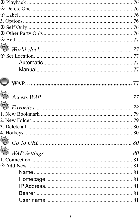   9 Playback ............................................................................. 76  Delete One.......................................................................... 76  Label................................................................................... 76 3. Options................................................................................ 76  Self Only............................................................................. 76  Other Party Only................................................................. 76  Both .................................................................................... 77  World clock ............................................................ 77  Set Location........................................................................ 77 　 Automatic ................................................................. 77 　 Manual...................................................................... 77  WAP…. ................................................................. 77  Access WAP............................................................ 77  Favorites ................................................................ 78 1. New Bookmark ................................................................... 79 2. New Folder.......................................................................... 79 3. Delete all ............................................................................. 80 4. Hotkeys ............................................................................... 80  Go To URL ............................................................. 80  WAP Settings.......................................................... 80 1. Connection .......................................................................... 81  Add New............................................................................. 81 　 Name ........................................................................ 81 　 Homepage ............................................................... 81 　 IP Address................................................................ 81 　 Bearer....................................................................... 81 　 User name ............................................................... 81 