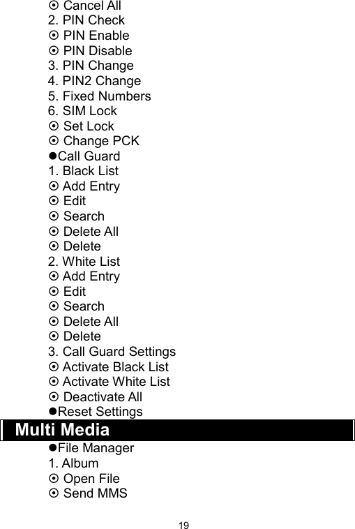   19 Cancel All 2. PIN Check  PIN Enable    PIN Disable 3. PIN Change 4. PIN2 Change 5. Fixed Numbers 6. SIM Lock  Set Lock  Change PCK Call Guard 1. Black List  Add Entry  Edit  Search  Delete All  Delete 2. White List  Add Entry  Edit  Search  Delete All  Delete 3. Call Guard Settings  Activate Black List    Activate White List    Deactivate All Reset Settings Multi Media File Manager 1. Album    Open File  Send MMS 