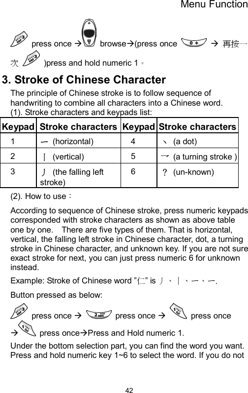 Menu Function  42 press once Æ browseÆ(press once   Æ 再按一次   )press and hold numeric 1。 3. Stroke of Chinese Character The principle of Chinese stroke is to follow sequence of handwriting to combine all characters into a Chinese word.   (1). Stroke characters and keypads list: Keypad  Stroke characters Keypad Stroke characters1  ㄧ (horizontal)  4  ヽ (a dot) 2  丨 (vertical)  5  乛  (a turning stroke )3  丿  (the falling left stroke) 6  ？ (un-known) (2). How to use： According to sequence of Chinese stroke, press numeric keypads corresponded with stroke characters as shown as above table one by one.    There are five types of them. That is horizontal, vertical, the falling left stroke in Chinese character, dot, a turning stroke in Chinese character, and unknown key. If you are not sure exact stroke for next, you can just press numeric 6 for unknown instead.  Example: Stroke of Chinese word ”仁” is 丿、丨、ㄧ、ㄧ. Button pressed as below:  press once Æ  press once Æ  press once Æ press onceÆPress and Hold numeric 1. Under the bottom selection part, you can find the word you want. Press and hold numeric key 1~6 to select the word. If you do not 