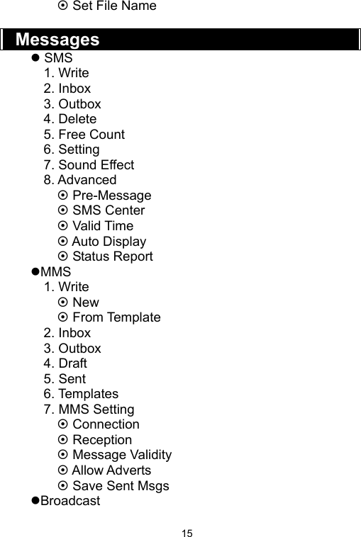   15~ Set File Name    Messages z SMS 1. Write 2. Inbox 3. Outbox 4. Delete 5. Free Count 6. Setting 7. Sound Effect 8. Advanced ~ Pre-Message ~ SMS Center ~ Valid Time ~ Auto Display ~ Status Report zMMS 1. Write ~ New ~ From Template 2. Inbox 3. Outbox 4. Draft 5. Sent 6. Templates 7. MMS Setting ~ Connection ~ Reception ~ Message Validity ~ Allow Adverts ~ Save Sent Msgs zBroadcast 