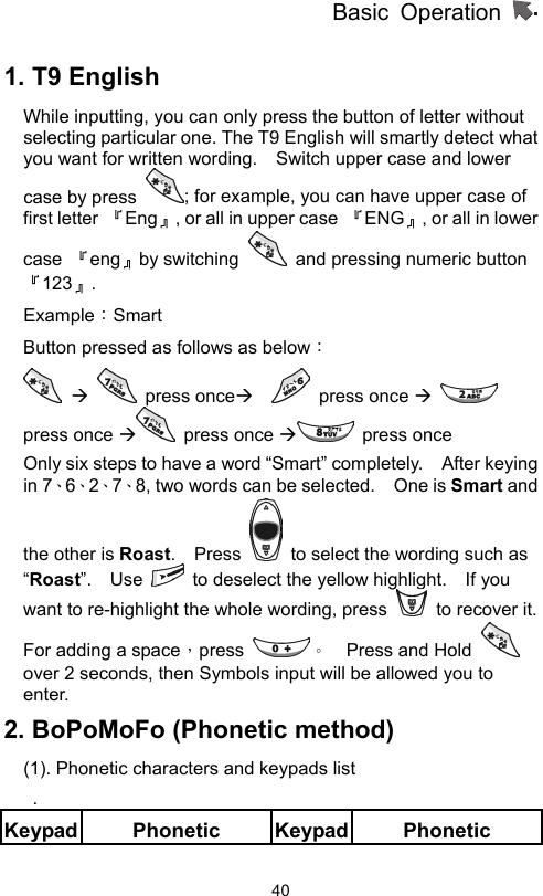 Basic Operation                  40 1. T9 English While inputting, you can only press the button of letter without selecting particular one. The T9 English will smartly detect what you want for written wording.    Switch upper case and lower case by press  ; for example, you can have upper case of first letter  『Eng』, or all in upper case  『ENG』, or all in lower case  『eng』by switching    and pressing numeric button『123』.  Example：Smart  Button pressed as follows as below：   Æ  press onceÆ    press once Æ   press once Æ press once Æ press once  Only six steps to have a word “Smart” completely.    After keying in 7、6、2、7、8, two words can be selected.    One is Smart and the other is Roast.  Press    to select the wording such as “Roast”.  Use    to deselect the yellow highlight.    If you want to re-highlight the whole wording, press    to recover it. For adding a space，press  。    Press and Hold   over 2 seconds, then Symbols input will be allowed you to enter. 2. BoPoMoFo (Phonetic method) (1). Phonetic characters and keypads list  . Keypad Phonetic Keypad Phonetic 