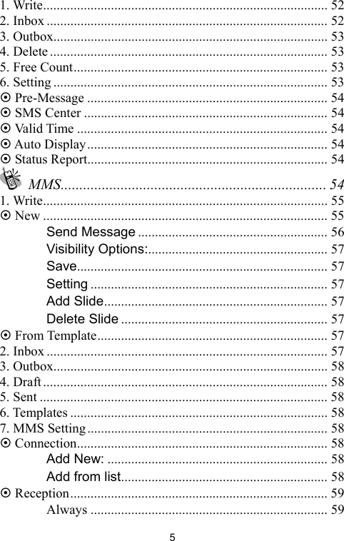   51. Write.................................................................................... 52 2. Inbox ................................................................................... 52 3. Outbox................................................................................. 53 4. Delete.................................................................................. 53 5. Free Count........................................................................... 53 6. Setting ................................................................................. 53 ~ Pre-Message ....................................................................... 54 ~ SMS Center ........................................................................ 54 ~ Valid Time .......................................................................... 54 ~ Auto Display....................................................................... 54 ~ Status Report....................................................................... 54  MMS....................................................................... 54 1. Write.................................................................................... 55 ~ New .................................................................................... 55 　 Send Message ........................................................ 56 　 Visibility Options:..................................................... 57 　 Save.......................................................................... 57 　 Setting ...................................................................... 57 　 Add Slide.................................................................. 57 　 Delete Slide ............................................................. 57 ~ From Template.................................................................... 57 2. Inbox ................................................................................... 57 3. Outbox................................................................................. 58 4. Draft.................................................................................... 58 5. Sent ..................................................................................... 58 6. Templates ............................................................................ 58 7. MMS Setting....................................................................... 58 ~ Connection.......................................................................... 58 　 Add New: ................................................................. 58 　 Add from list............................................................. 58 ~ Reception............................................................................ 59 　 Always ...................................................................... 59 