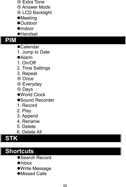   20~ Extra Tone ~ Answer Mode ~ LCD Backlight zMeeting zOutdoor zIndoor zHandset PIM zCalendar 1. Jump to Date zAlarm 1. On/Off 2. Time Settings 3. Repeat ~ Once ~ Everyday ~ Days zWorld Clock zSound Recorder 1. Record 2. Play 3. Append 4. Rename 5. Delete 6. Delete All STK  Shortcuts zSearch Record zInbox zWrite Message zMissed Calls 